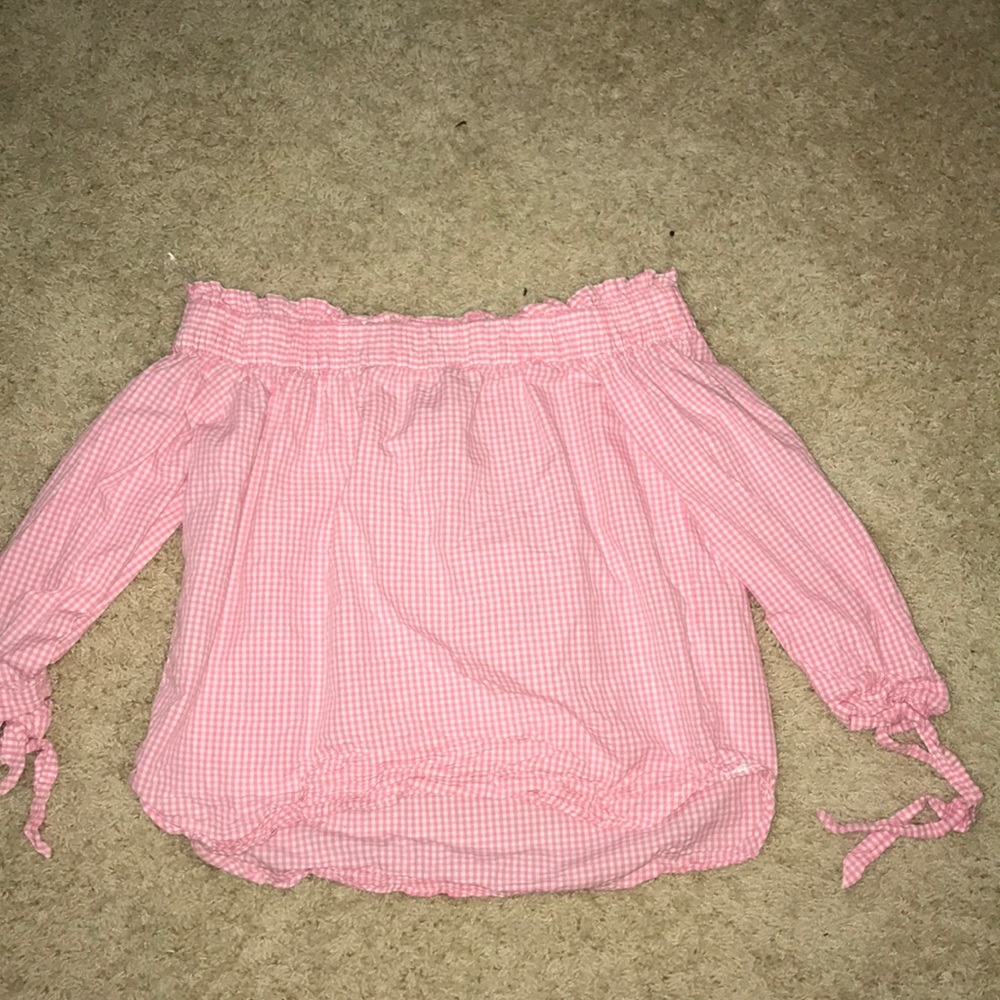 pink and white gingham off the shoulder shirt